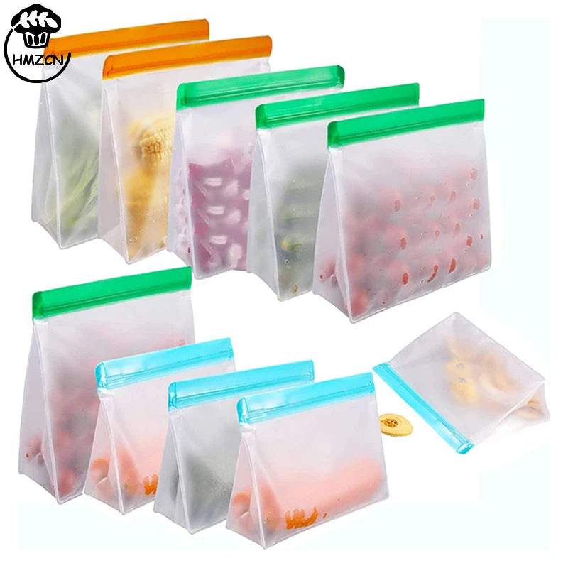 Reusable Food Storage Bags Freezer Stand Up Freezer Bags PEVA Silicone Bag Leakproof Top Kitchen Tool Organizer Fresh Shut Bags