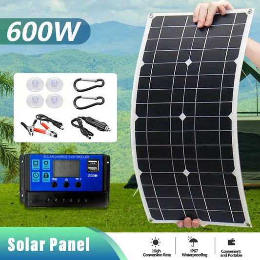 600W 18V Single Crystal Solar Panel Dual USB 12V/5V DC Single Crystal Flexible Solar Charger, Suitable For Car RV Battery Charg