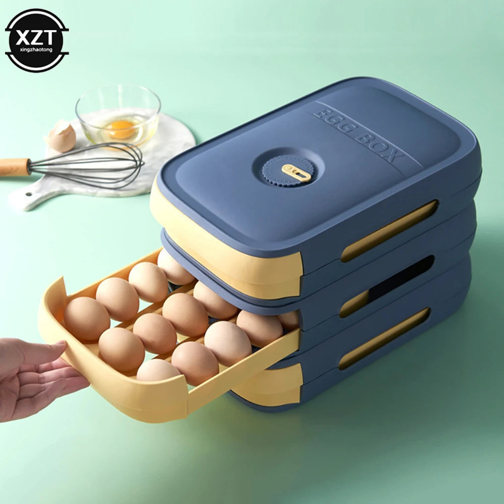 Kitchen Fridge Egg Organizer Plastic With Lid Fresh-keeping Eggs Storage Box Container Holder Stackable Sealed Drawer Tray Type