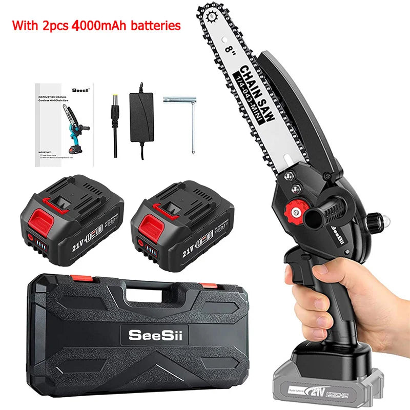 SEESII 8 inch Brushless Chainsaw With Battery 1500W Portable Cordless Electric Chain Saw Garden Branch Tree Pruning Power Tools