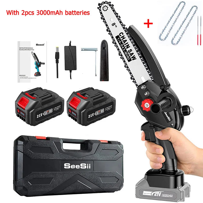 SEESII 8 inch Brushless Chainsaw With Battery 1500W Portable Cordless Electric Chain Saw Garden Branch Tree Pruning Power Tools