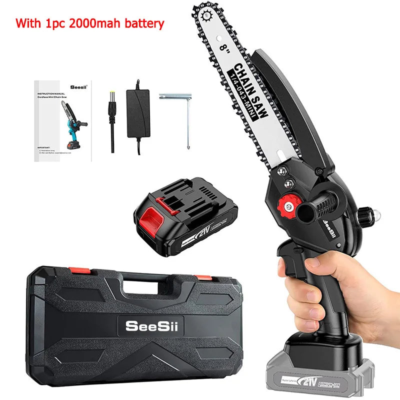 SEESII 8 inch Brushless Chainsaw With Battery 1500W Portable Cordless Electric Chain Saw Garden Branch Tree Pruning Power Tools