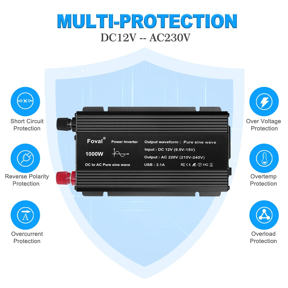Pure Sine Wave 1000W 1500W 2200W 2600W DC 12V To AC 220V Car Power Inverter Adapter Converter With 3.1A Dual USB EU/Universal