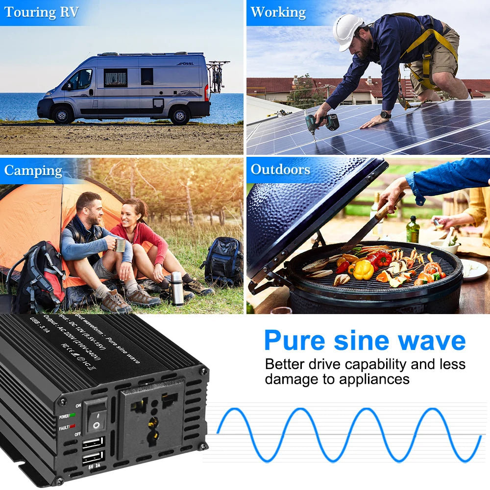 Pure Sine Wave 1000W 1500W 2200W 2600W DC 12V To AC 220V Car Power Inverter Adapter Converter With 3.1A Dual USB EU/Universal