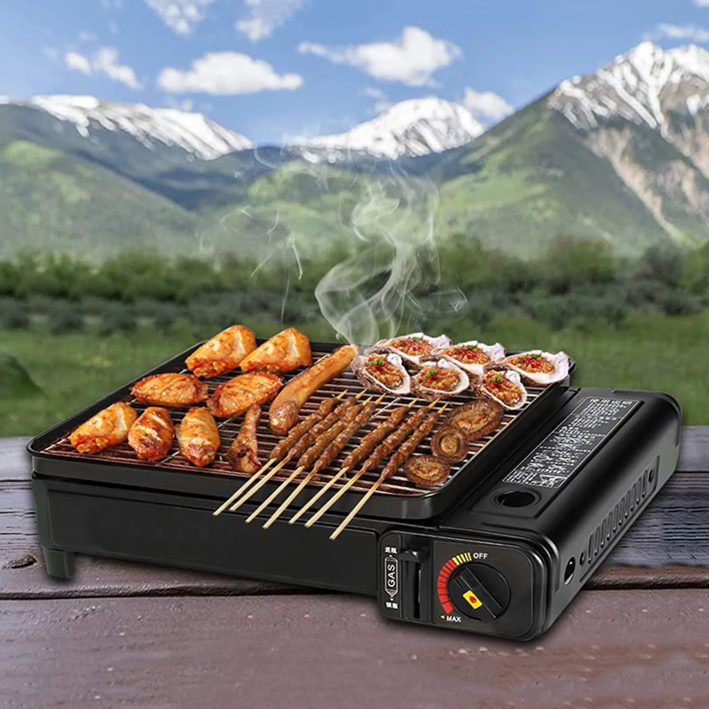 3 In 1 Portable Camping BBQ Grilling Gas Stove Burner Furnace Outdoor Cassette Grill Stove Fried Roasted Cooking With Carry Case