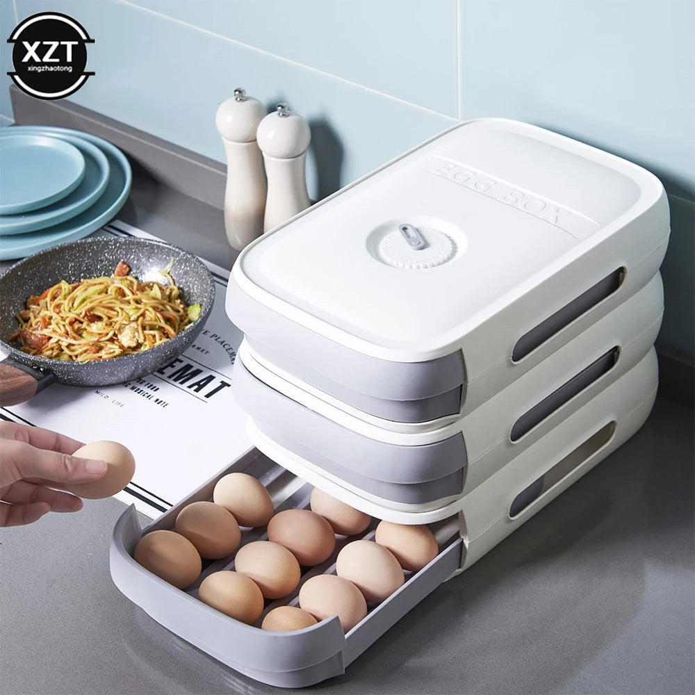 Kitchen Fridge Egg Organizer Plastic With Lid Fresh-keeping Eggs Storage Box Container Holder Stackable Sealed Drawer Tray Type