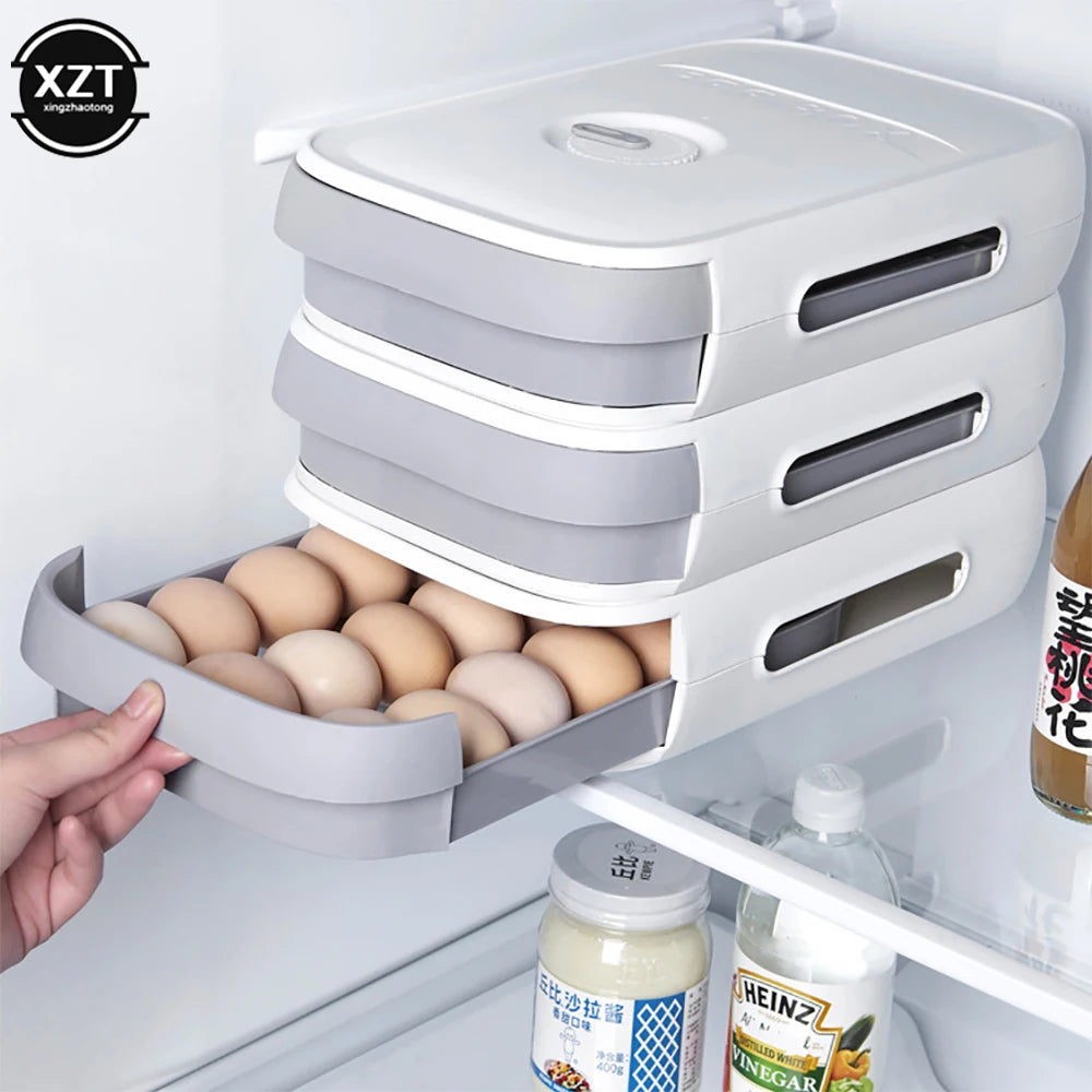 Kitchen Fridge Egg Organizer Plastic With Lid Fresh-keeping Eggs Storage Box Container Holder Stackable Sealed Drawer Tray Type