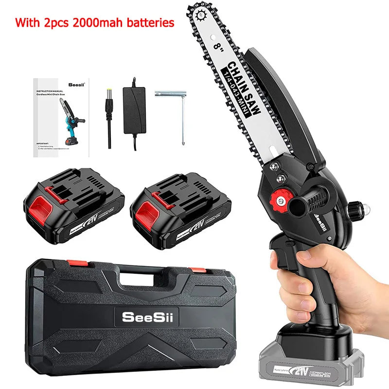 SEESII 8 inch Brushless Chainsaw With Battery 1500W Portable Cordless Electric Chain Saw Garden Branch Tree Pruning Power Tools