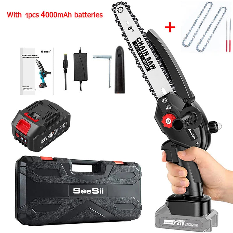 SEESII 8 inch Brushless Chainsaw With Battery 1500W Portable Cordless Electric Chain Saw Garden Branch Tree Pruning Power Tools